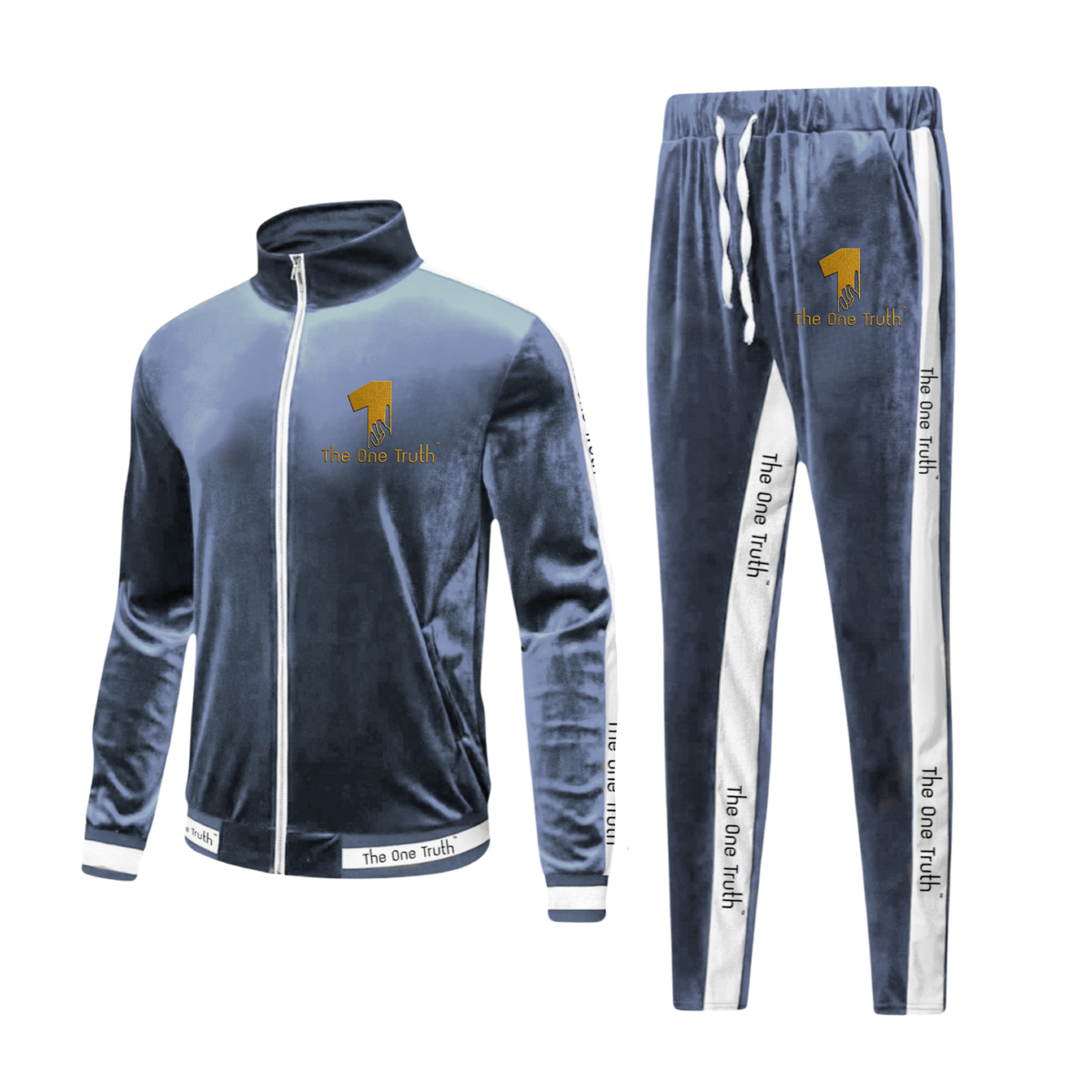 The One Truth - Velour Tracksuit Set Blue-Grey & White