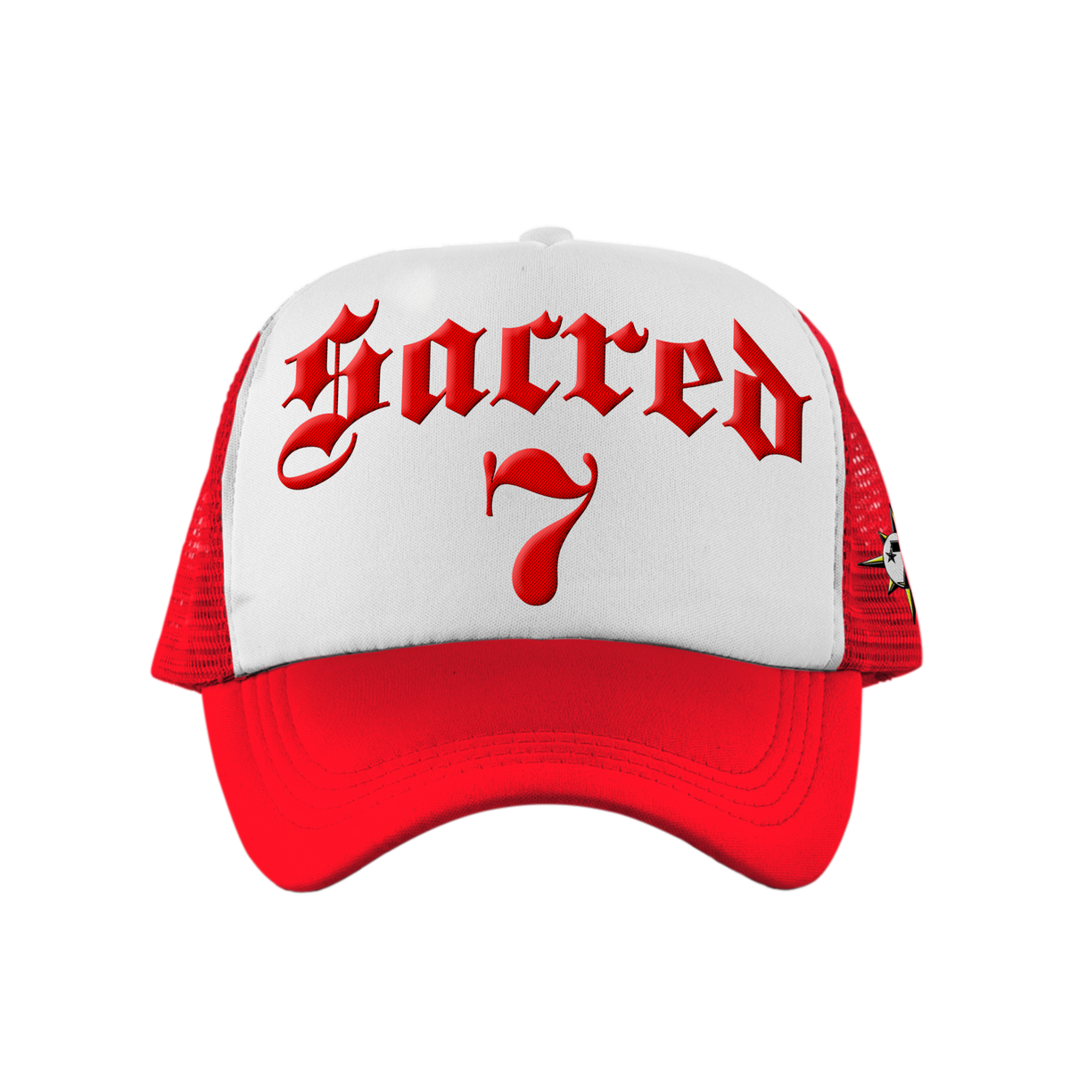 Sacred 7 Embroidered Trucker - White & Red W/ Red