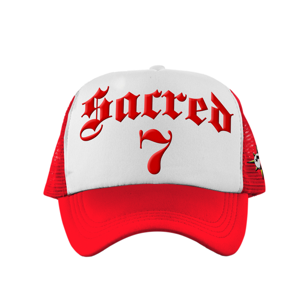Sacred 7 Embroidered Trucker - White & Red W/ Red