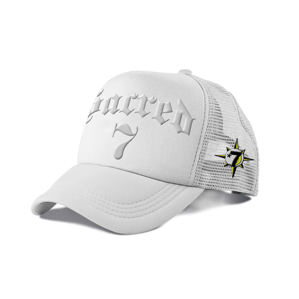 Sacred 7 Embroidered Trucker - White On White