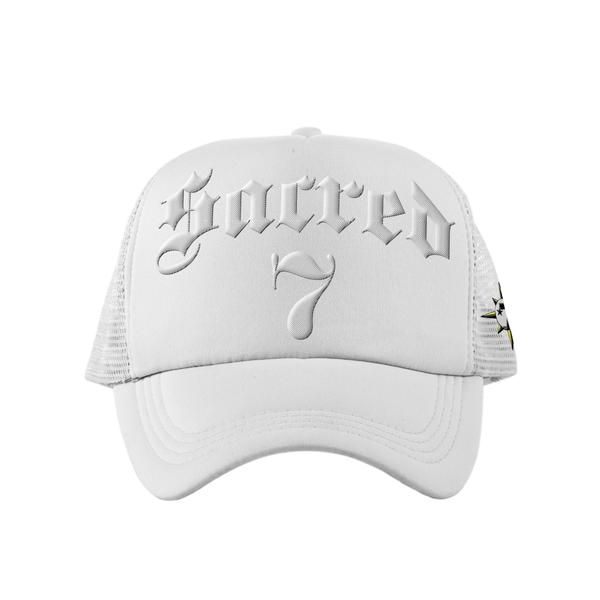 Sacred 7 Embroidered Trucker - White On White