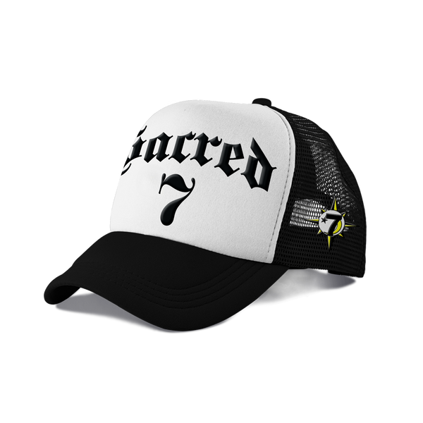 Sacred 7 Embroidered Trucker - Black & White W/ Black
