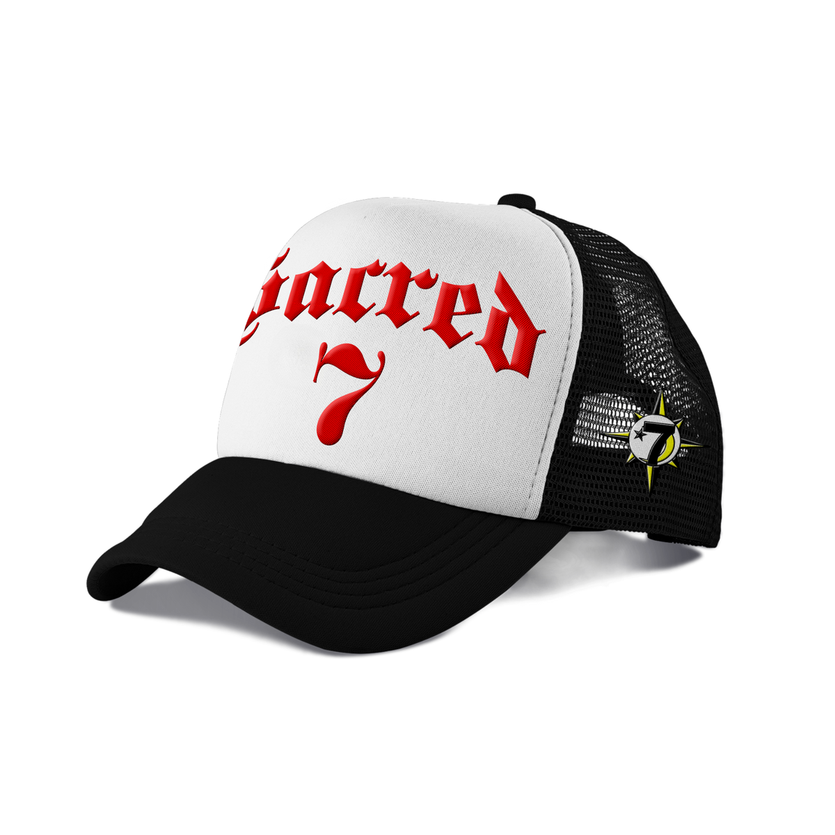 Sacred 7 Embroidered Trucker - Black & White W/ Red