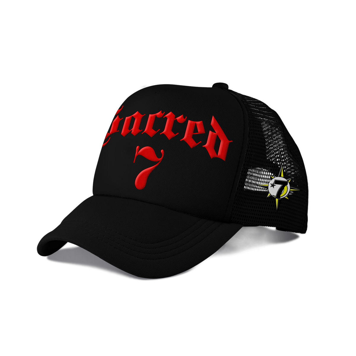 Sacred 7 Embroidered Trucker - Black On Red