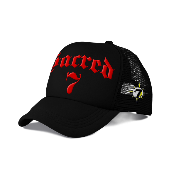 Sacred 7 Embroidered Trucker - Black On Red