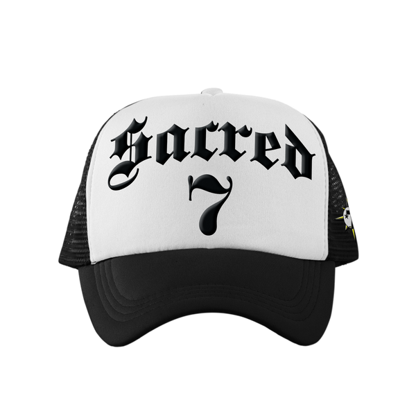 Sacred 7 Embroidered Trucker - Black & White W/ Black