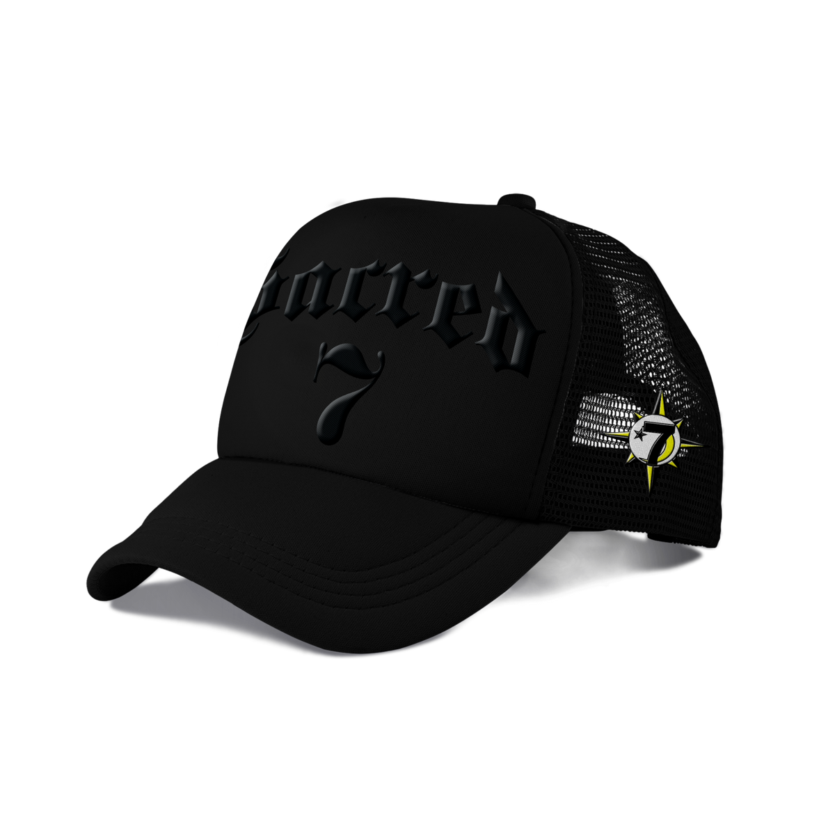 Sacred 7 Embroidered Trucker - Black On Black